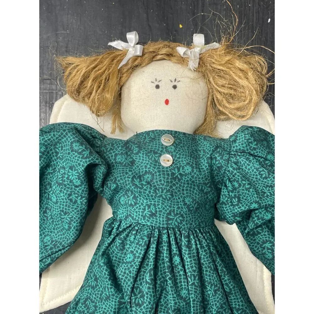 Vintage Folk Art Cloth Angel Doll Green Floral Dress Primitive Country Decor